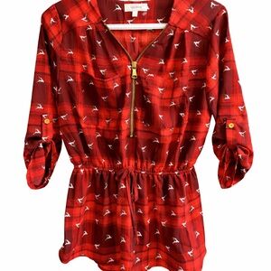 Stella Tweed Red Plaid Blouse with Deer Motif